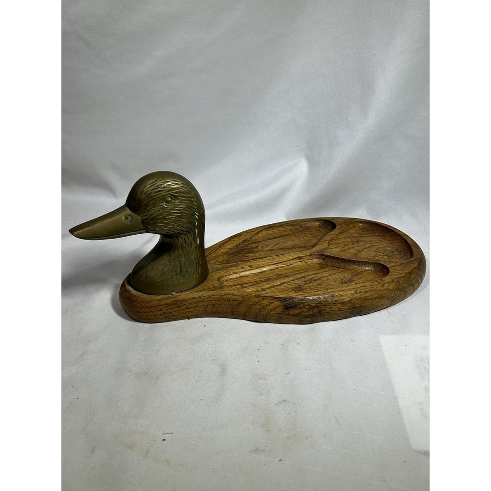 VTG Solid Brass Duck Head & Wood Men's Valet Tray Desk Dresser Entry 11" X 5.5"